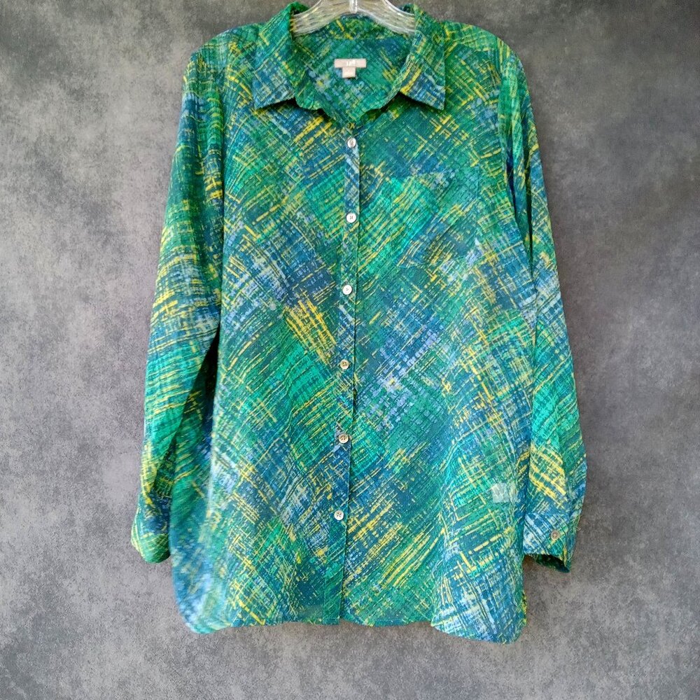 J Jill Top Womens Sz.L Multicolor SemiSheer Long Sleeve Artsy Flowy Boho Travel